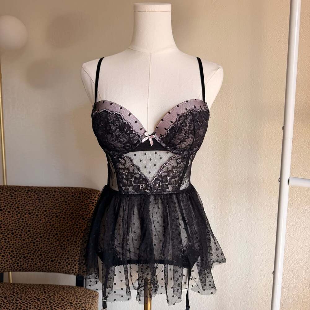 Victoria's Secret Black Polka Dot Babydoll Size 36B Lingerie